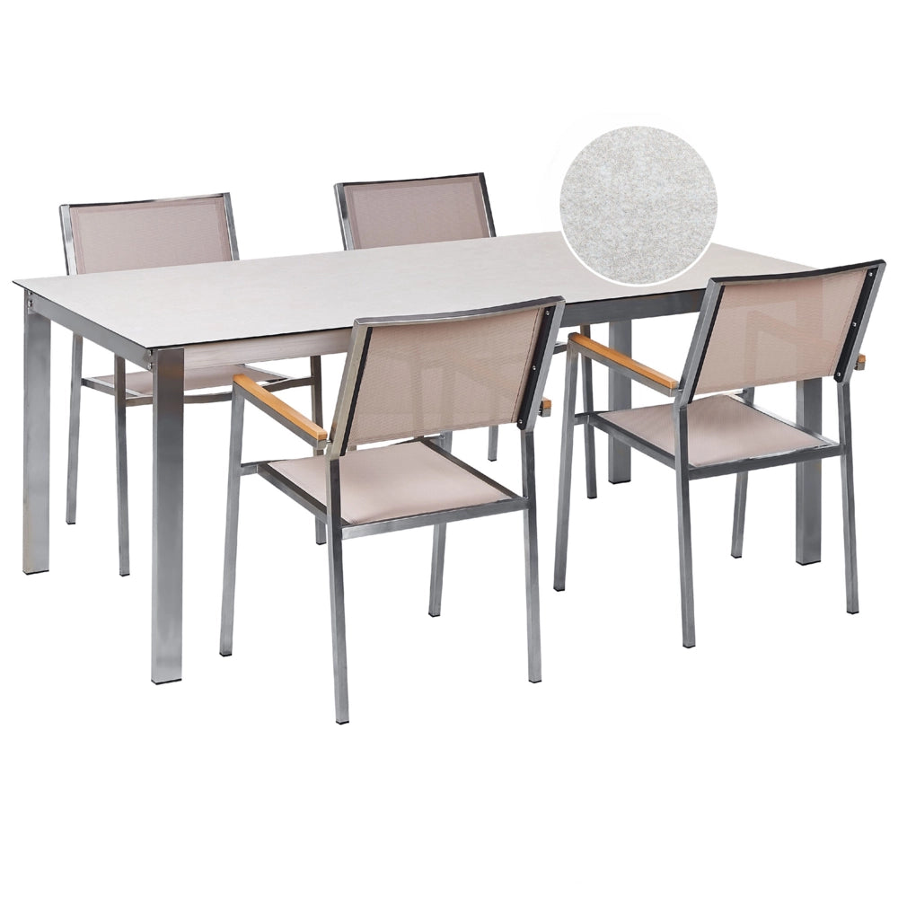 Set da giardino con 4 posti in acciaio inox con tavolo piano in vetro bianco e Sedie in tessuto beige esterno moderno set elegante