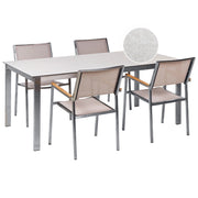Set da giardino con 4 posti in acciaio inox con tavolo piano in vetro bianco e Sedie in tessuto beige esterno moderno set elegante