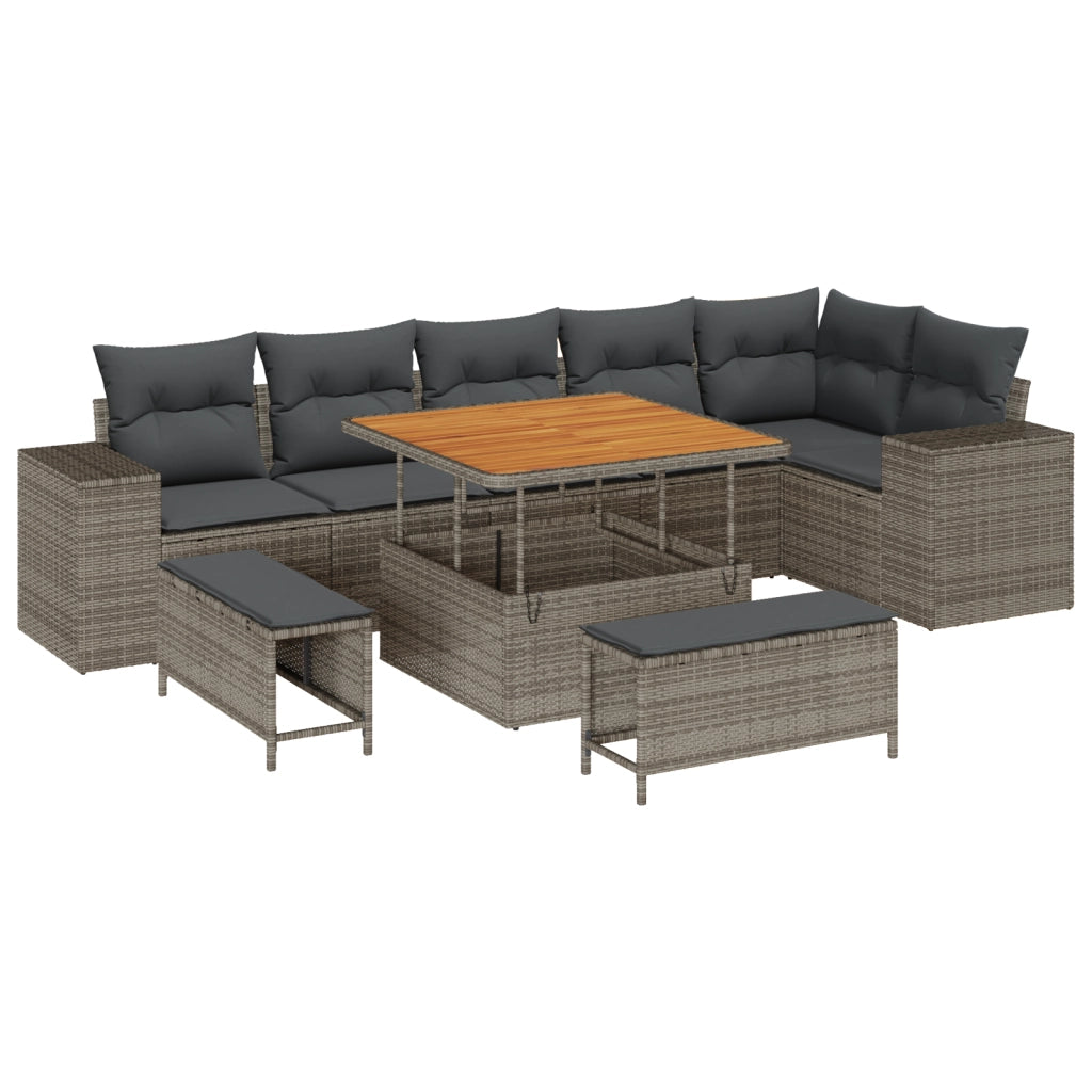 Set Divano da Giardino  9 Pezzi con Cuscini Grigio Polyrattan Acacia