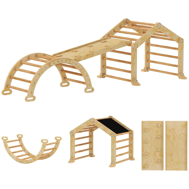 Set palestra indoor 9 in 1 in legno con scala, arco, scivolo double face e lavagna