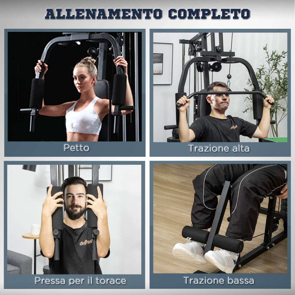 EasyComfort Stazione Fitness Multifunzione Power Tower con Pesi fino 45kg e Panca Imbottita, 135x103x210cm