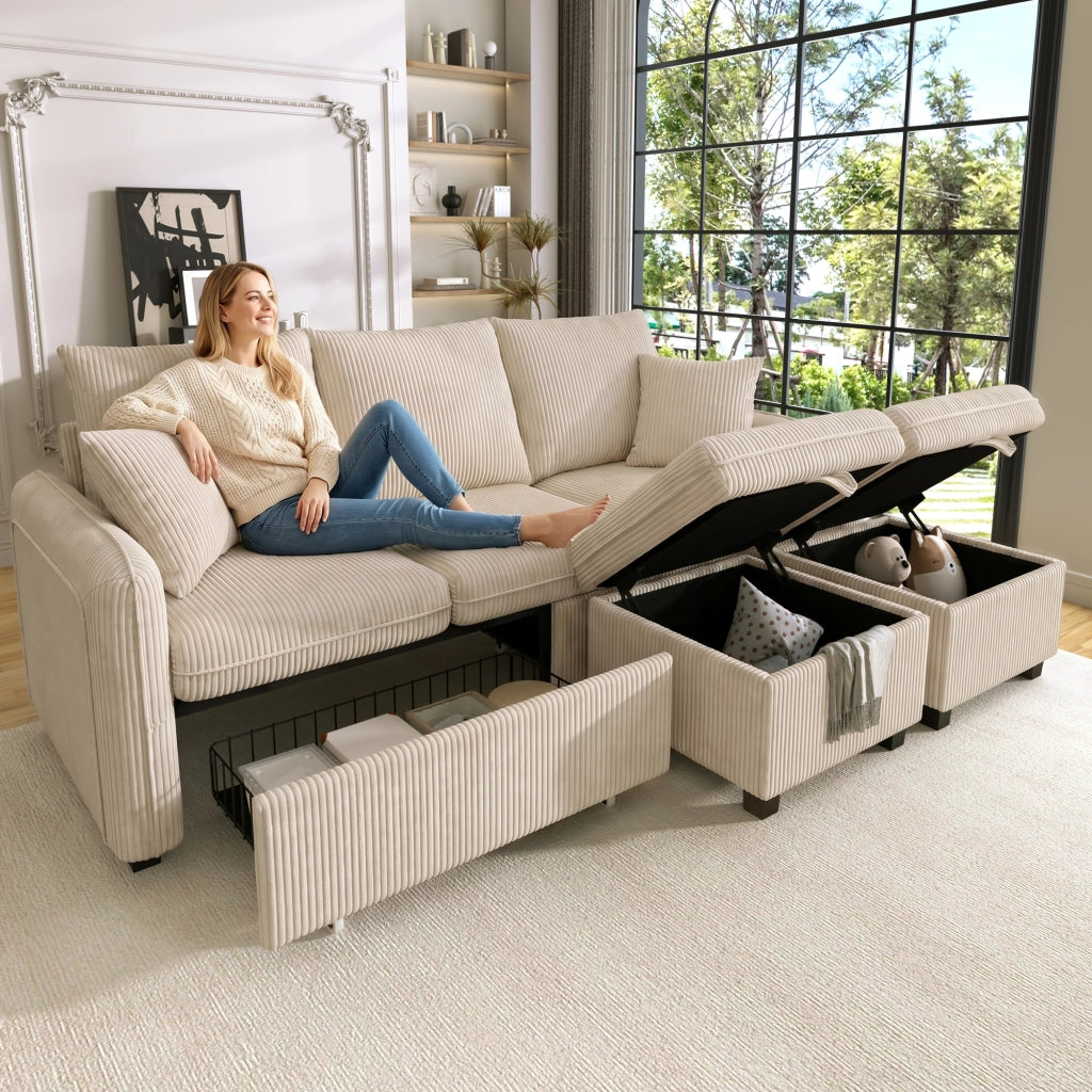 Divano letto modulare 3 posti - con contenitore e 2 pouf portaoggetti - in tessuto a coste beige