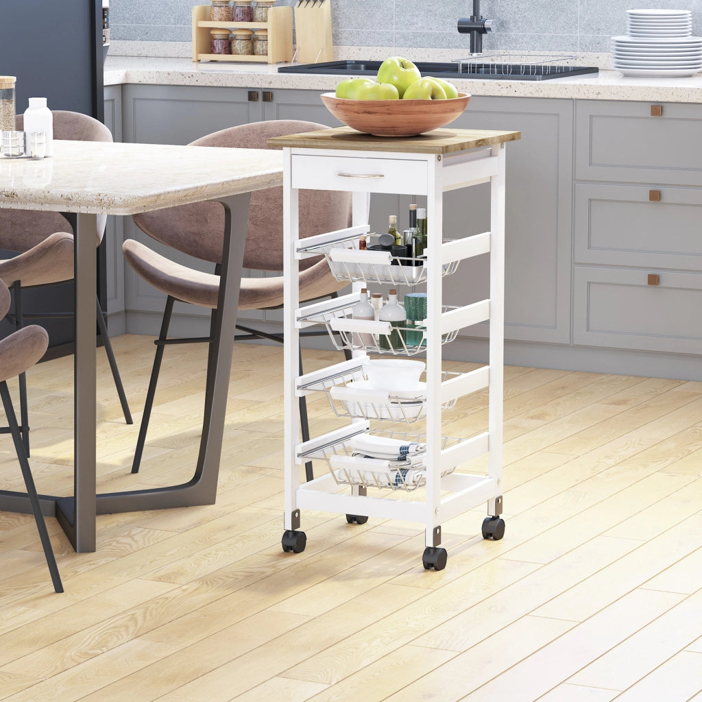 Carrello di servizio con 4 cestini e cassetto ¨C zephmum ¨C metallo e legno di pino bianco 37x37x82 cm