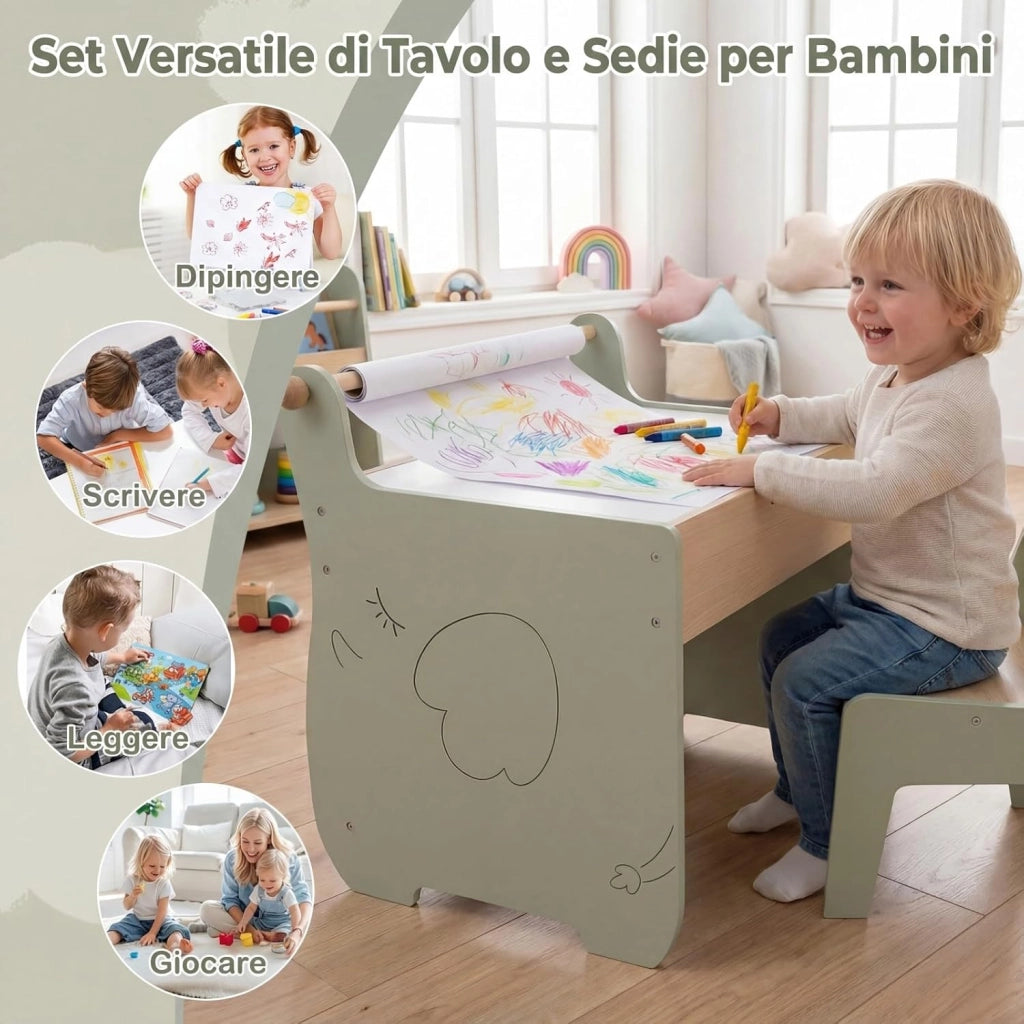 Set Tavolo e Sedia per Bambini 4 in 1, Set con Scrivania e Sedia in Legno per Bambini con Lavagna Reversibile, Rotolo di Carta e Contenitore Nascosto per Aula e Cameretta (Verde)