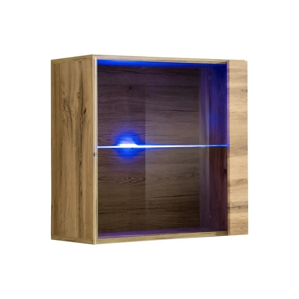 Vetrina quadrata sospesa in colore rovere chiaro con 1 porta a vetro e illuminazione LED inclusa. Collezione SWITCH.