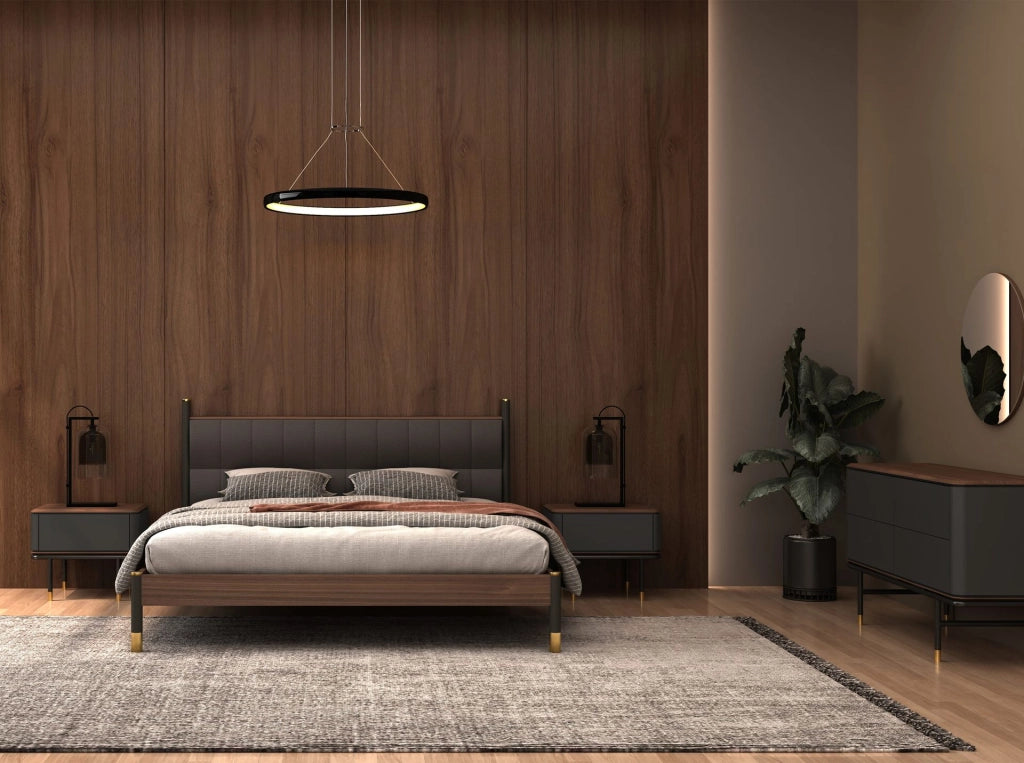 Cassettiera in legno grigio scuro opaco, acciaio nero e piano in noce