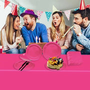 Servizio da Tavola Completo 37 Pezzi - Piatti e Tovaglioli in Papier Rosa - Tavola in Plastica Impermeabile - Copertura da Tavola - Sicurezza - Lavaggio a Mano - Accessori per Feste