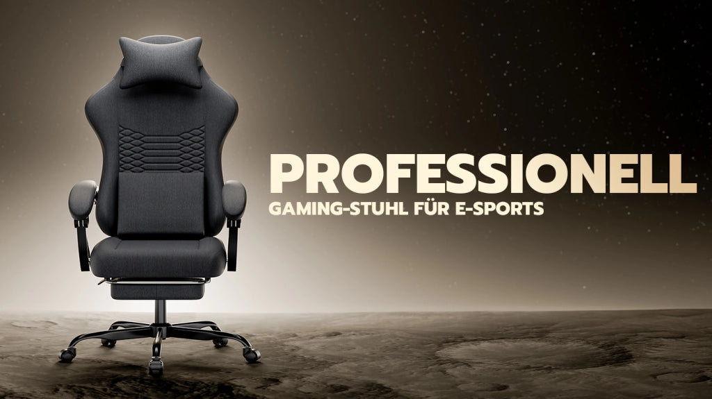 Sedia da ufficio gaming ergonomica con poggiatesta, supporto lombare, poggiapiedi e braccioli in tessuto nero con ruote