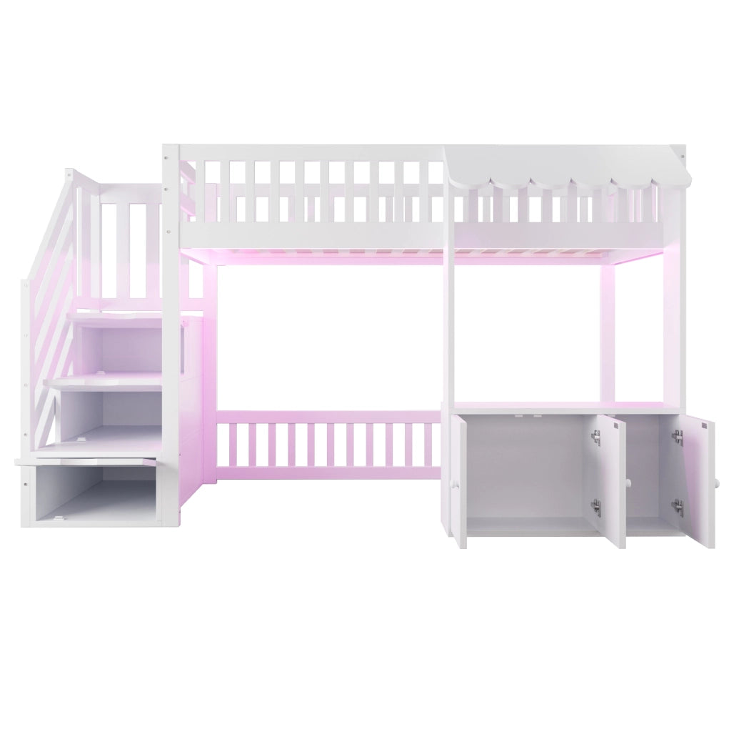 Letto a soppalco multifunzione con scala contenitore e luce LED integrata