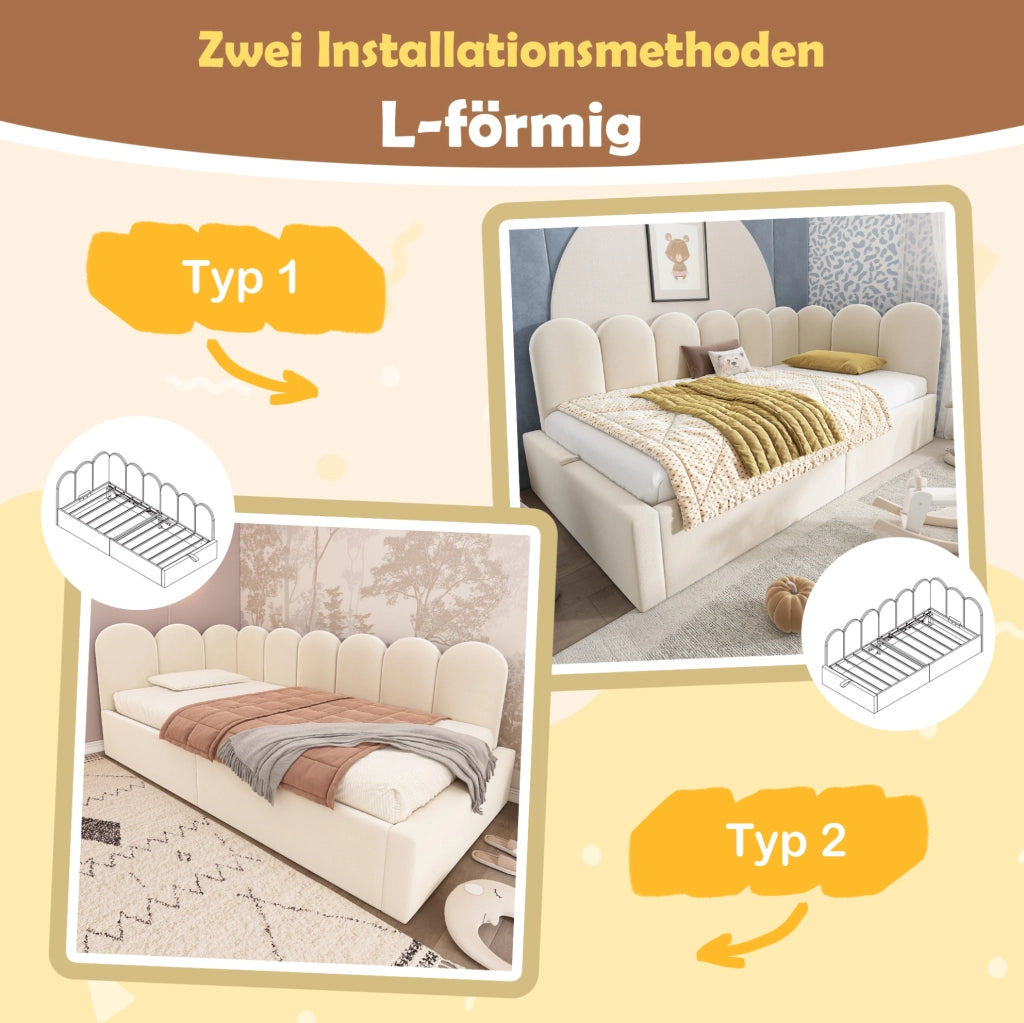 Letto daybed 90x200 cm con contenitore idraulico; struttura in metallo e velluto beige