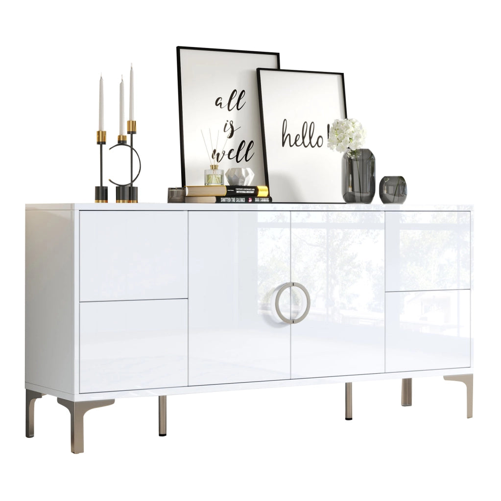 Sideboard bianco lucido 150x38x59;5 cm con 4 cassetti e 2 ante; in MDF