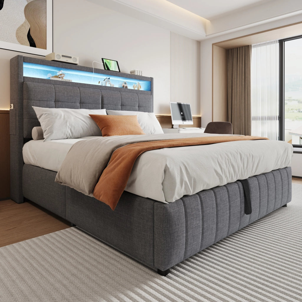 Letto Contenitore; Letto Matrimoniale 160x200 cm; USB; LED e Ripiani - Grigio
