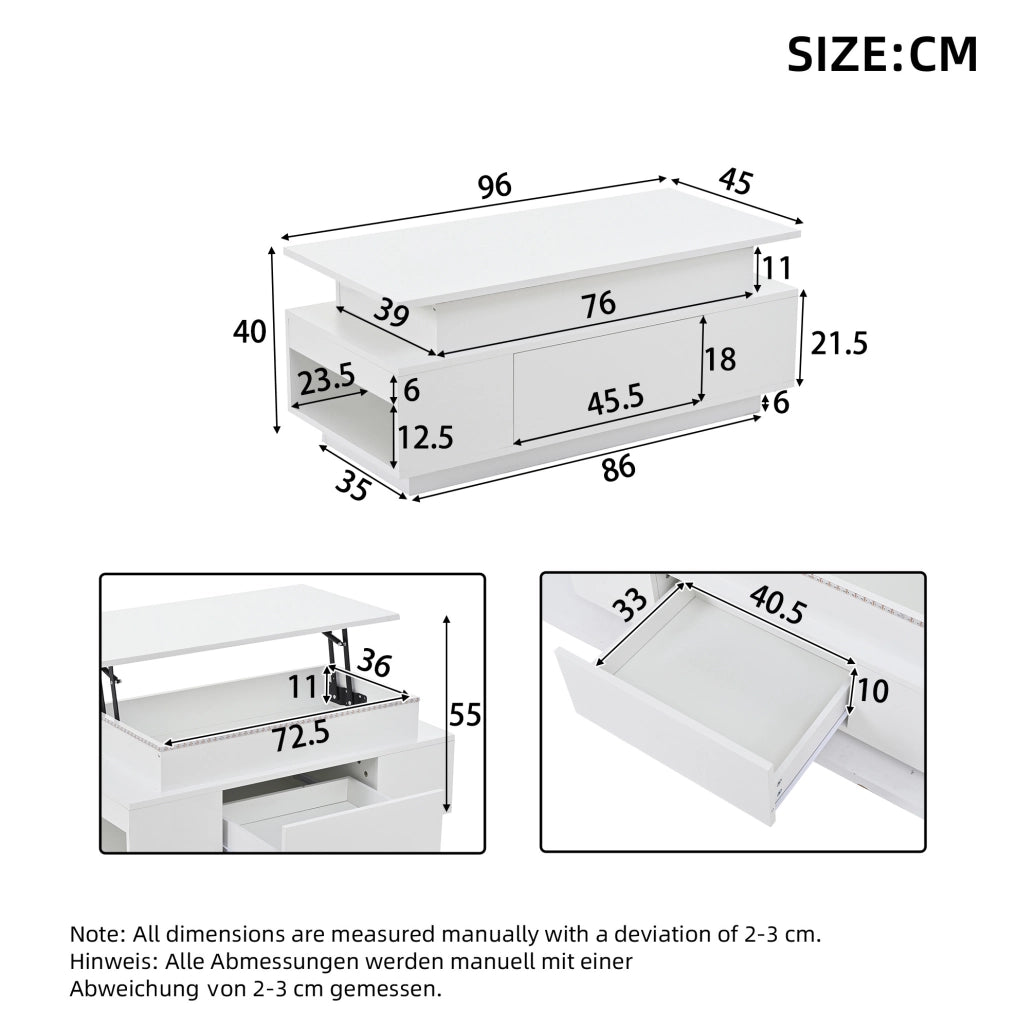 Tavolino da caffè sollevabile 96x45x40 cm con LED; contenitore e cassetto; bianco lucido