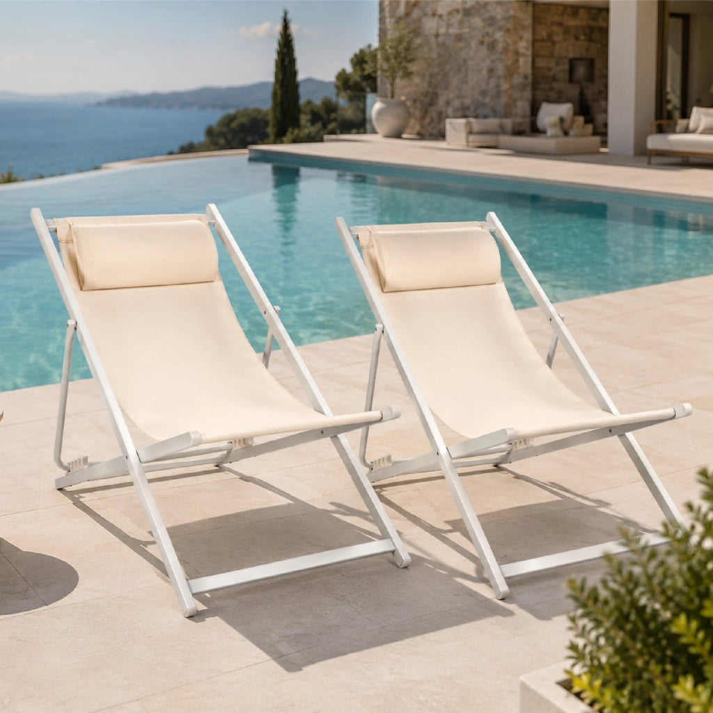Set 2 Sdraio Mare Pieghevoli Reclinabili con Poggiatesta, Lettini da Spiaggia in Acciaio e Textilene, Sedie Relax per Giardino, Piscina, Terrazza e Campeggio, Beige Beige