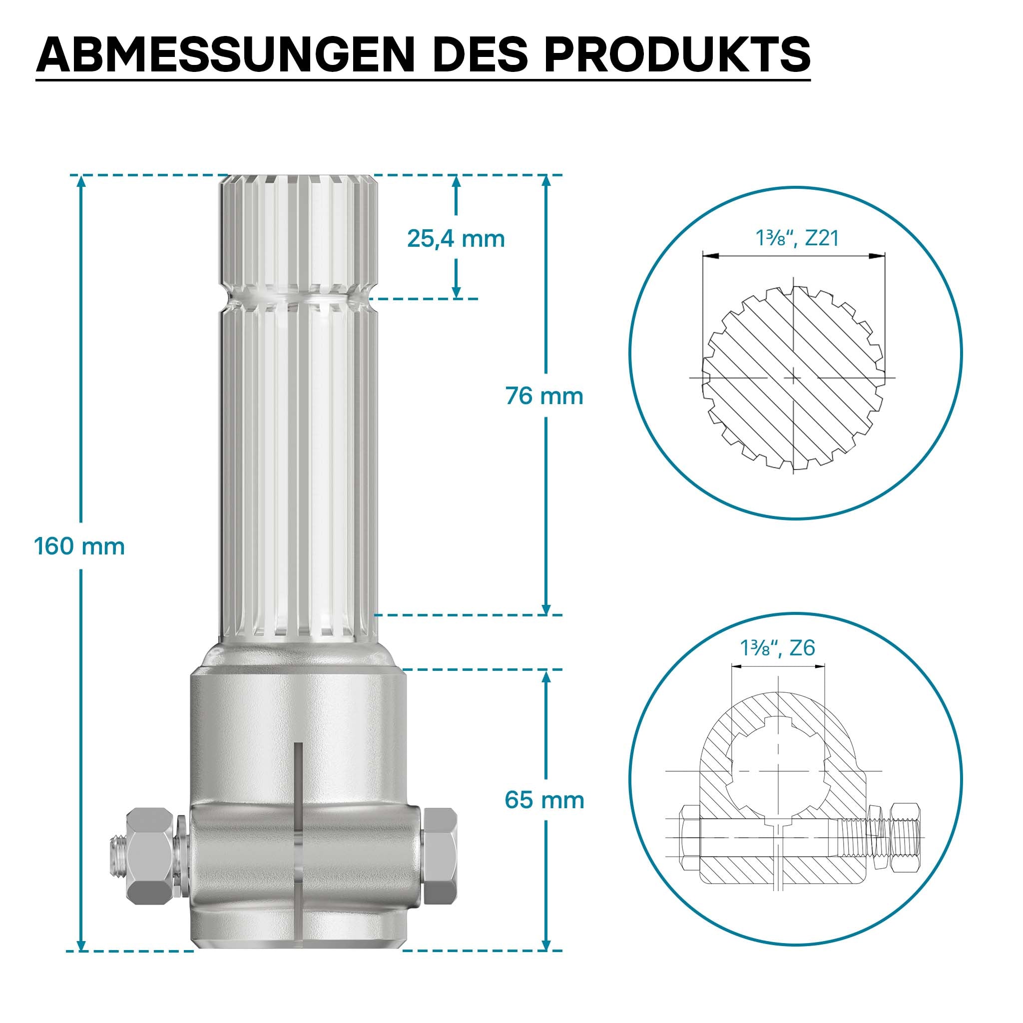 Boccola albero cardanico 160 mm Attacco albero scanalato 1 3/8" 6D Albero uscita 1 3/8" 21D Trattore