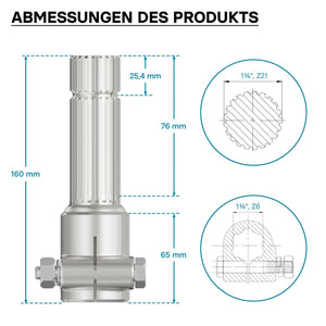 Boccola albero cardanico 160 mm Attacco albero scanalato 1 3/8" 6D Albero uscita 1 3/8" 21D Trattore