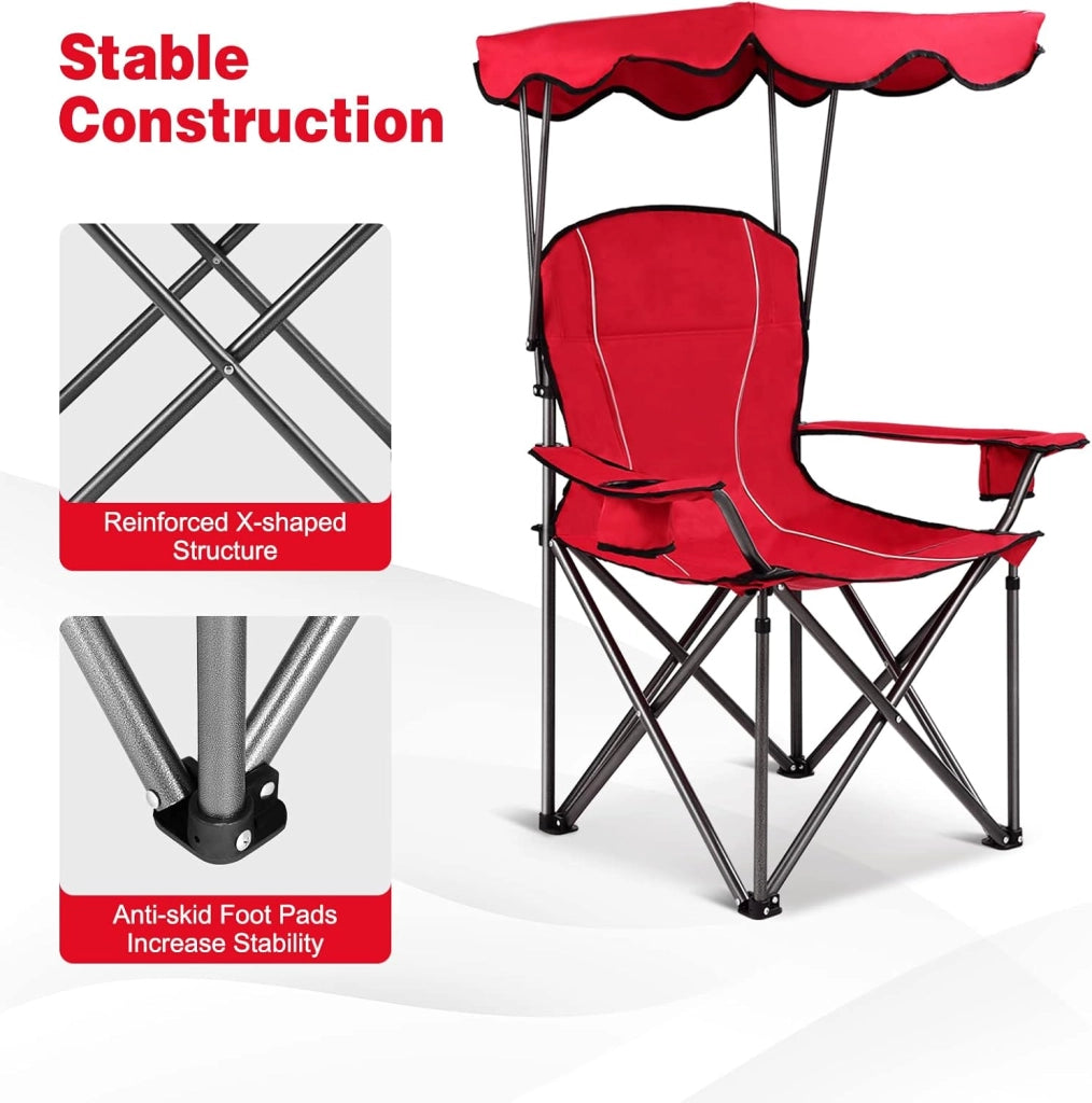 Sedia da campeggio con baldacchino, ombra, sedia da spiaggia e beach chair, pieghevole, con portabevande e borsa, per esterni, fino a 130 kg (rosso)