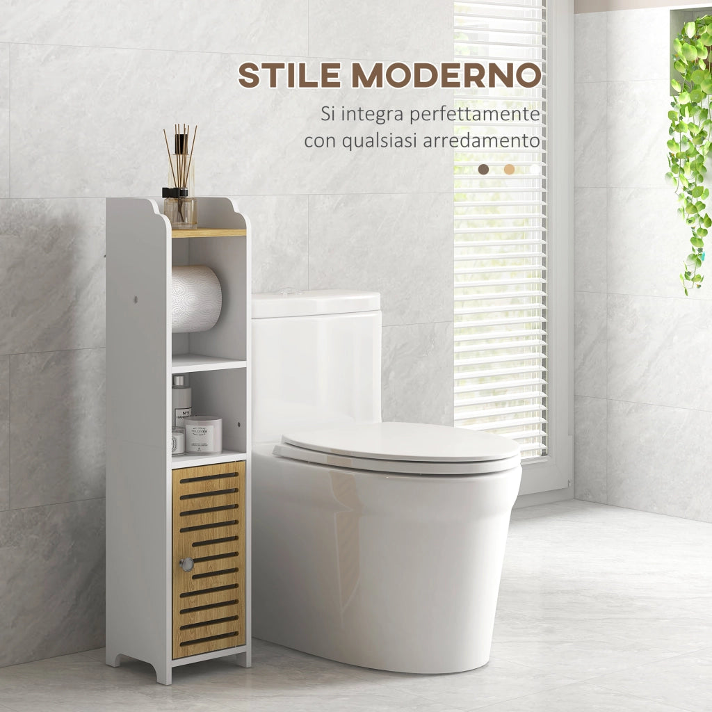 Mobiletto Bagno Salvaspazio in Truciolato con Ripiani e Armadietto ¨C Zephmum ¨C 18x20x90 cm, Bianco
