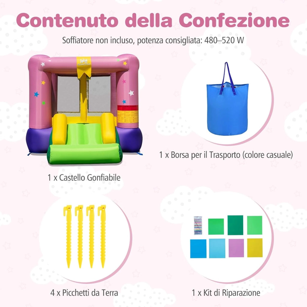 Castello Gonfiabile per Bambini, Castello con Trampolino, Scivolo e Canestro da Basket, Casa Gonfiabile Senza Ventilatore per Feste di Compleanno e Matrimonio, 240 x 174 x 143 cm