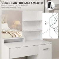 Toeletta Trucco con Specchio e Sgabello, Cassetto, Armadietto e Ripiani in Legno, Bianco