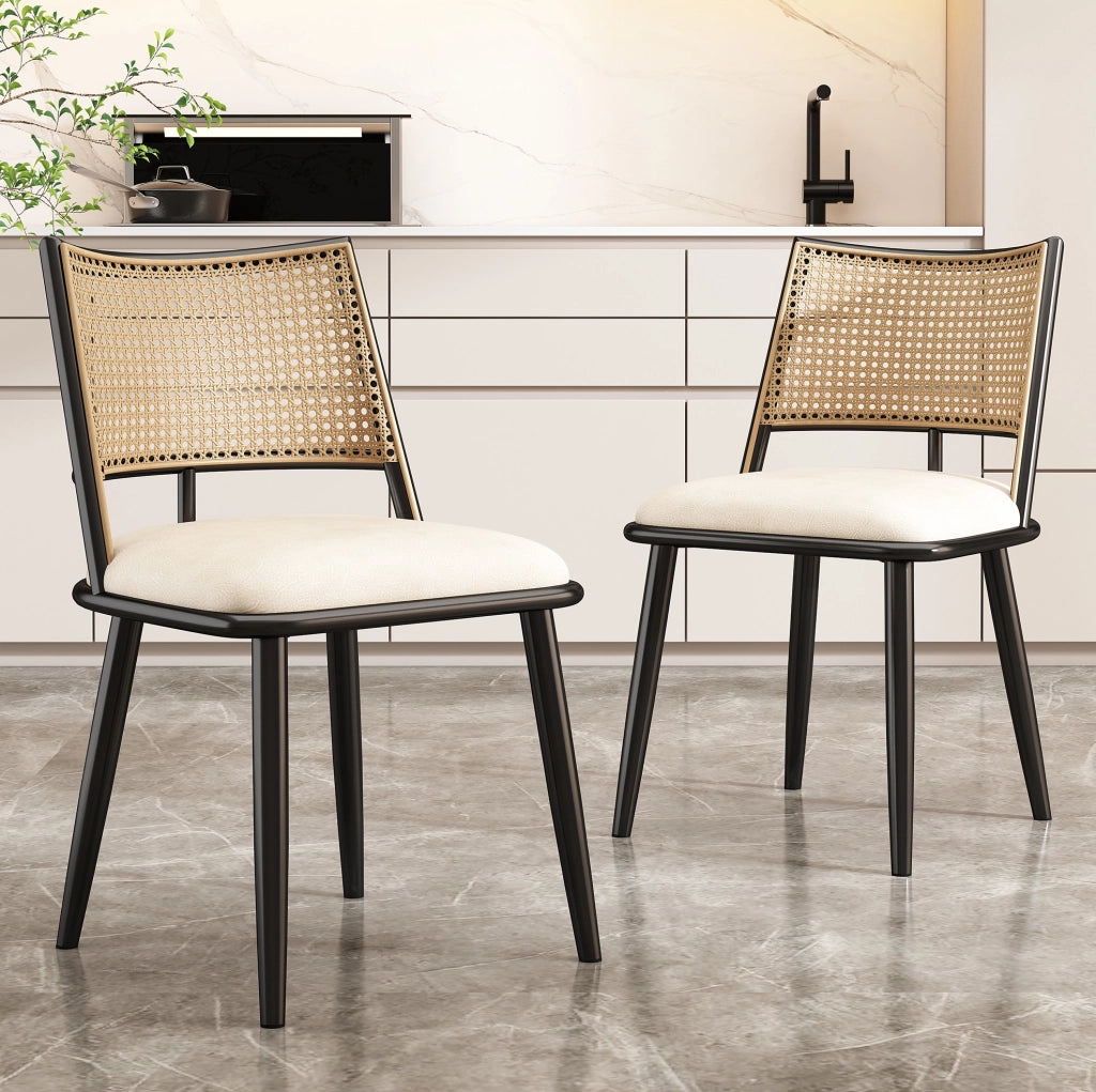Set di 6 sedie da pranzo in rattan; seduta in PU; nere