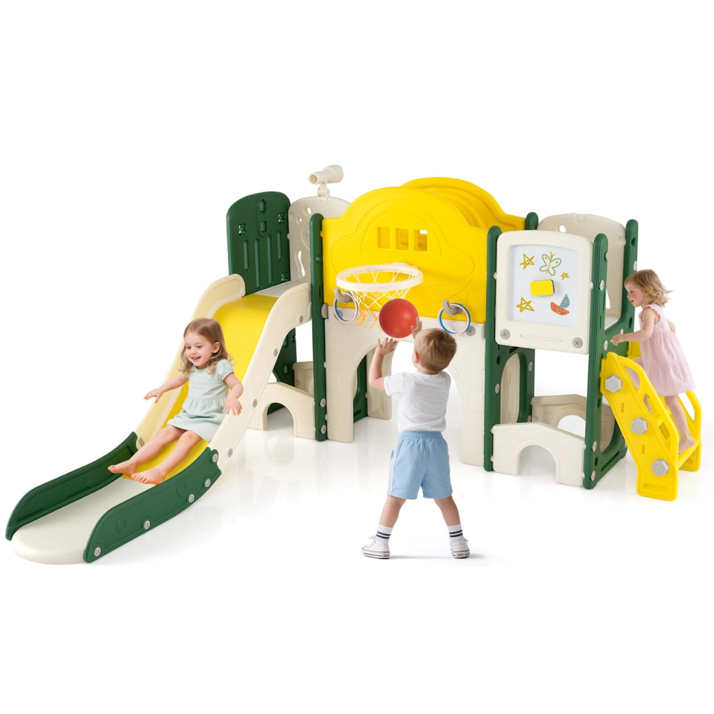 Set scivolo bambini 10 in 1 arrampicata lavagna magnetica telescopio lancio anelli, Scivolo canestro basket tunnel strisciare corridoio lungo spazio stoccaggio