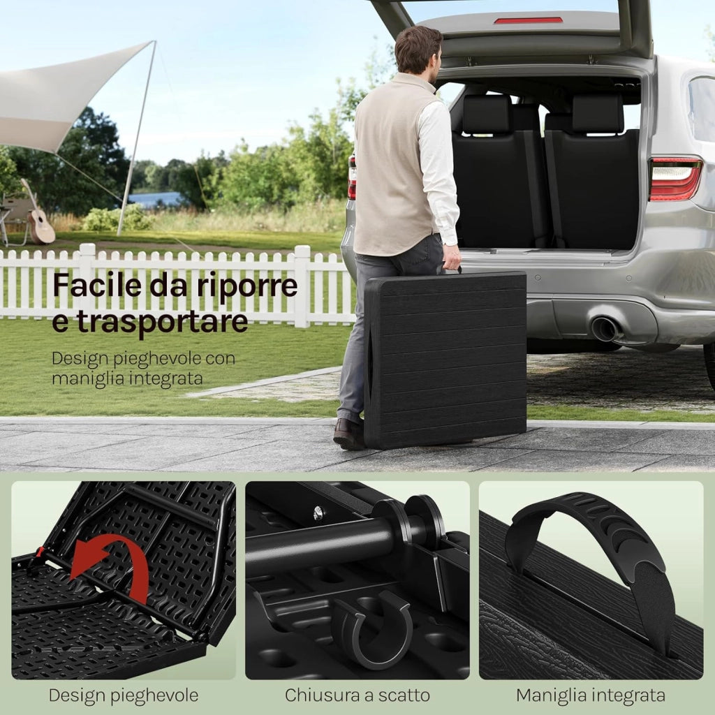 Tavolino Pieghevole Rettangolare, 180x74x74 cm, Tavolo da Esterno per 8 Persone, Richiudibile e Portatile per Giardino, Balcone e Campeggio, HDPE, Effetto Legno, Nero