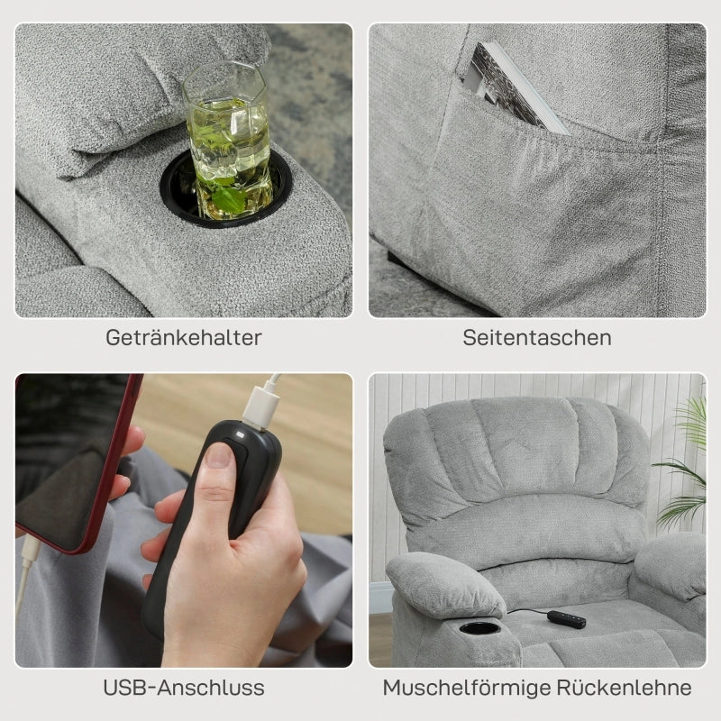 Poltrona relax elettrica con funzione reclinabile, memoria, USB, portabicchieri e tasche laterali in poliestere grigio