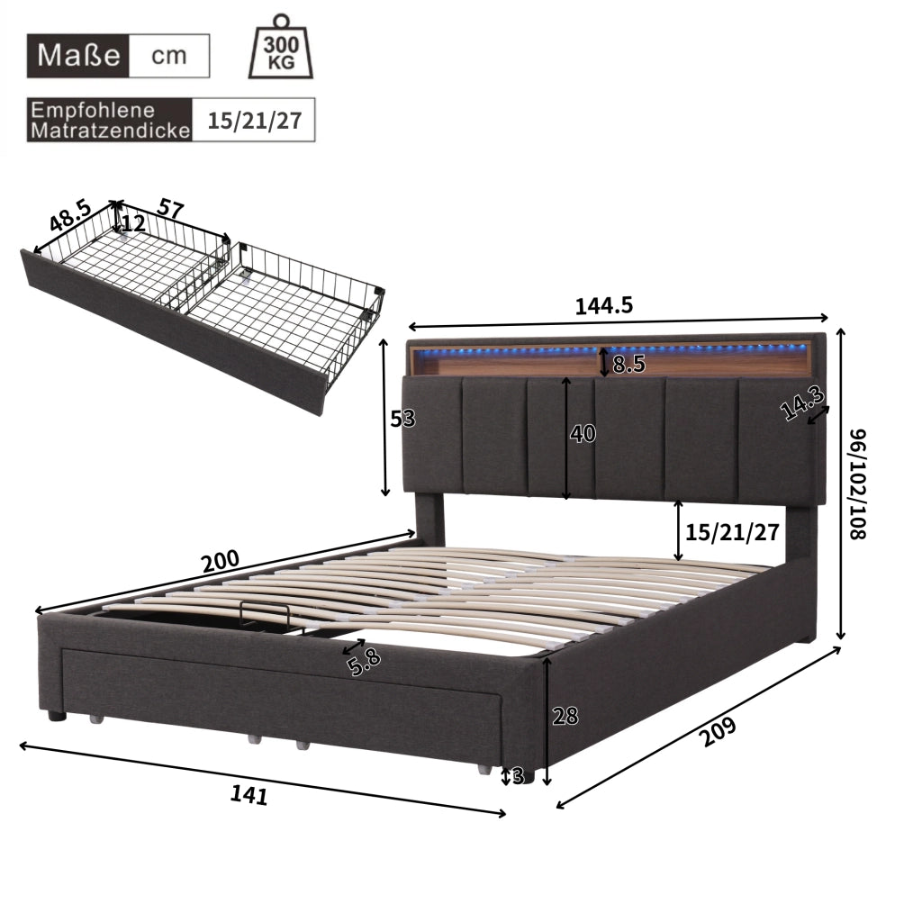 OKWISH Letto Contenitore 140×200 cm, Letto Matrimoniale con LED Regolabile, Vano Contenitore e Cassetti e Scomparti, senza Materasso, Lino, Grigio
