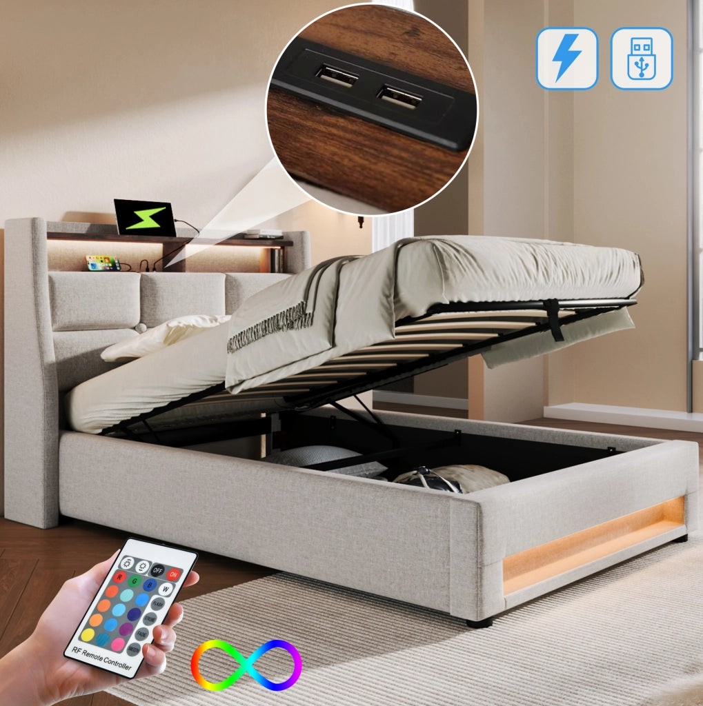 Letto imbottito singolo 90x200 cm beige con LED, USB e vano contenitore