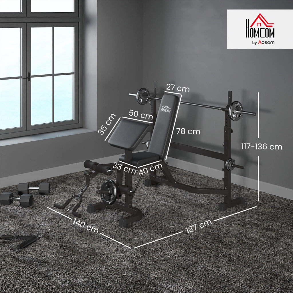 Panca Multifunzione Regolabile 187x140x117-136 cm con Rack Bilanciere in Acciaio e PU Grigio e Nero