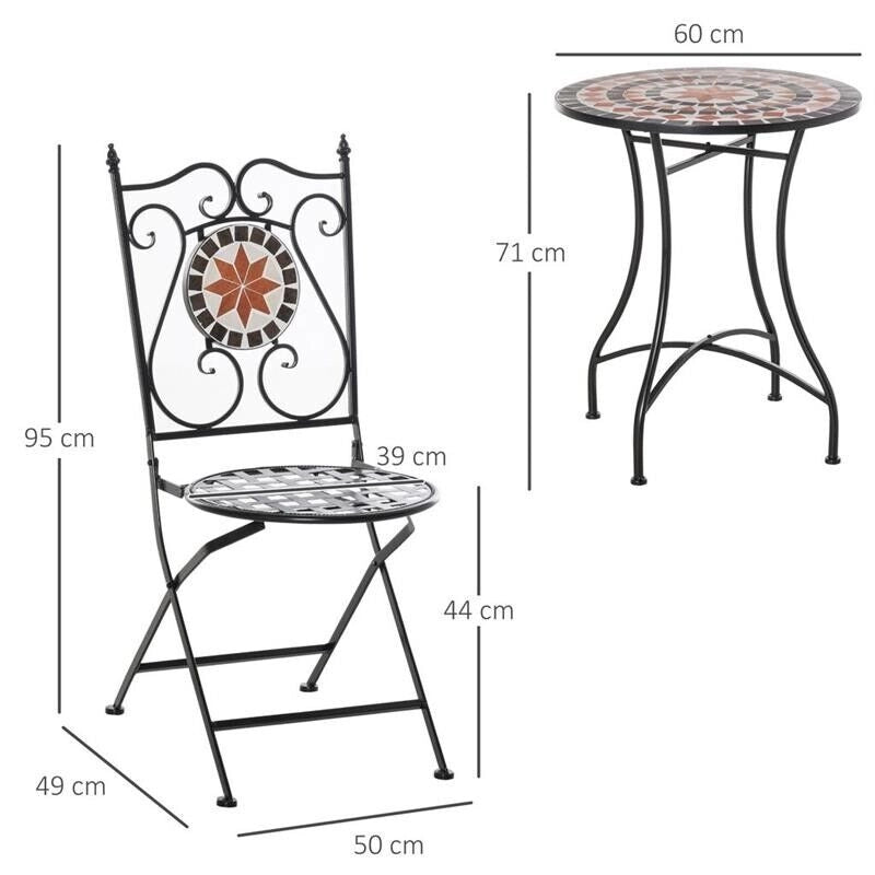 SET CON TAVOLO TONDO E 2 SEDIE PIEGHEVOL IN METALLO E CERAMICA MOSAICO
