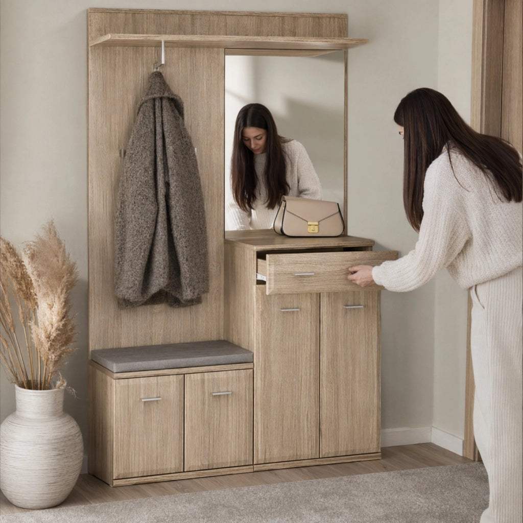 Set Ingresso Con Panca Portascarpe Appendiabiti Mobile Entrata Specchio Mobiletto Contenitore Multifunzione Salvaspazio Corridoio Casa Design Moderno 120 x 32 x 203 Cm Rovere