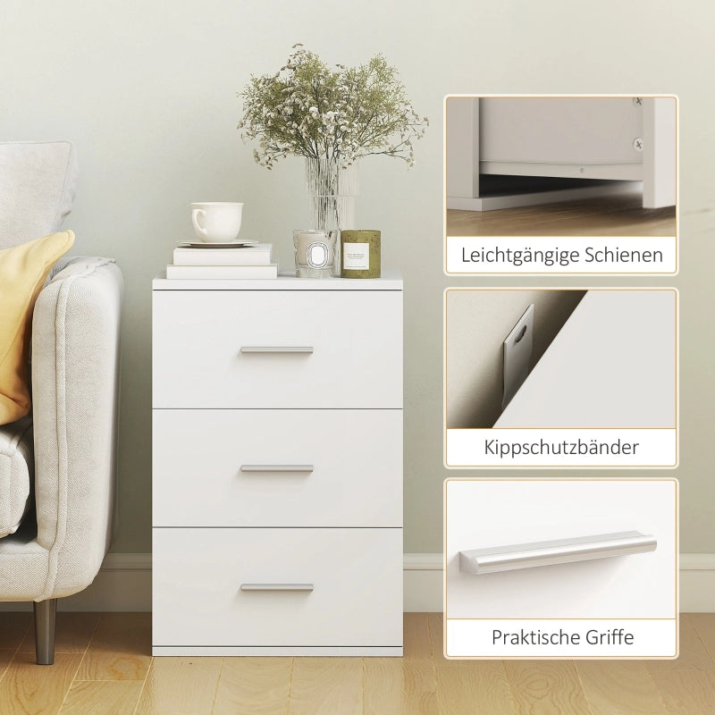 Comodino con 3 cassetti in MDF bianco, con piedini antiscivolo e bande antiribaltamento, per camera, 40 × 35 × 60 cm