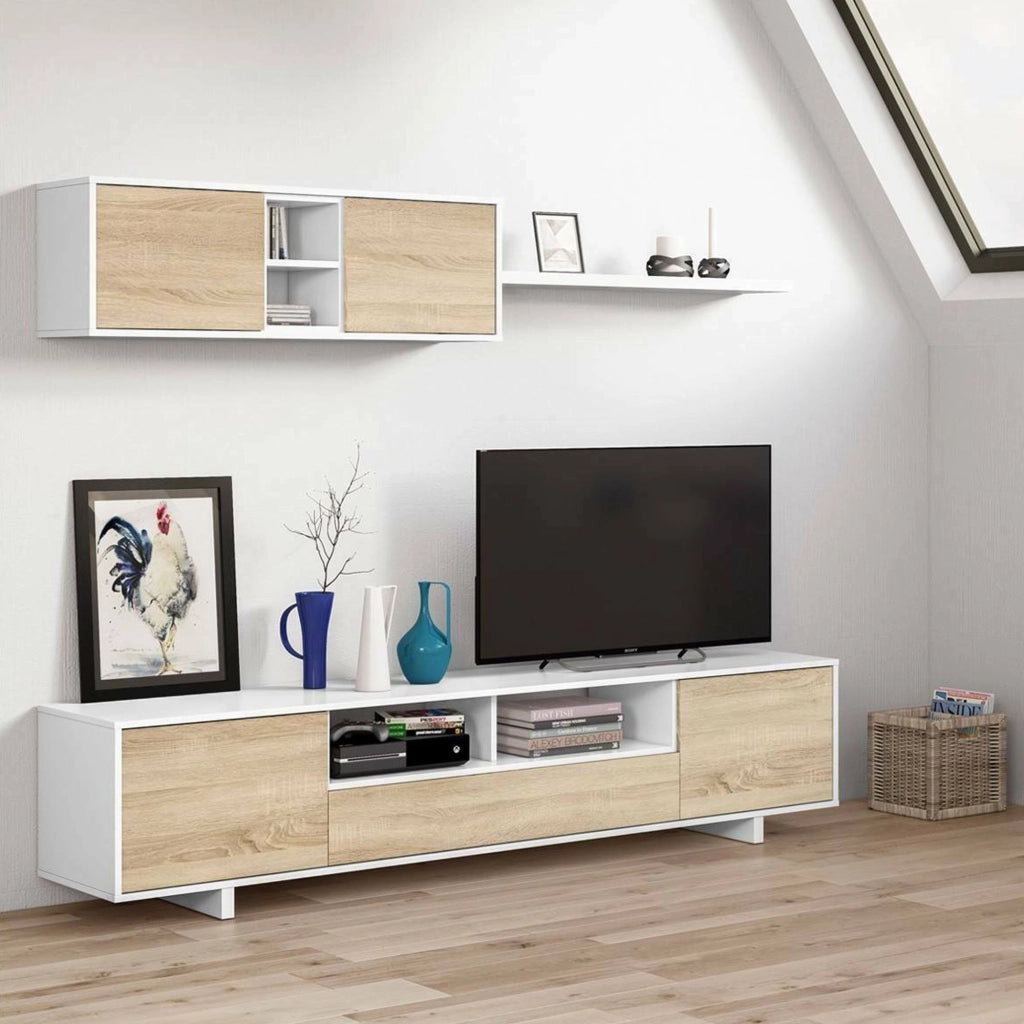 Mobile Soggiorno Angora, Parete Attrezzata 8 Ripiani, 200x41x46h cm Bianco Lucido