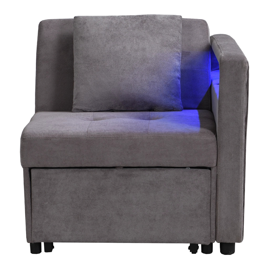 Divano letto 3 in 1 con Schienale Regolabile, LED, USB e Type-C, Bracciolo Reversibile, Imbottito Grigio Scuro 177 × 68 × 65 cm