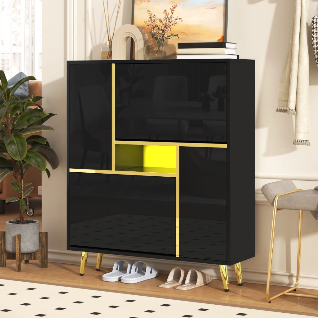 Mobile Scarpiera con 2 Ante e Ripiani Regolabili; LED 16 Colori; Frontale Lucido; Nero; in Pannelli di Particelle; 80×25×96 cm