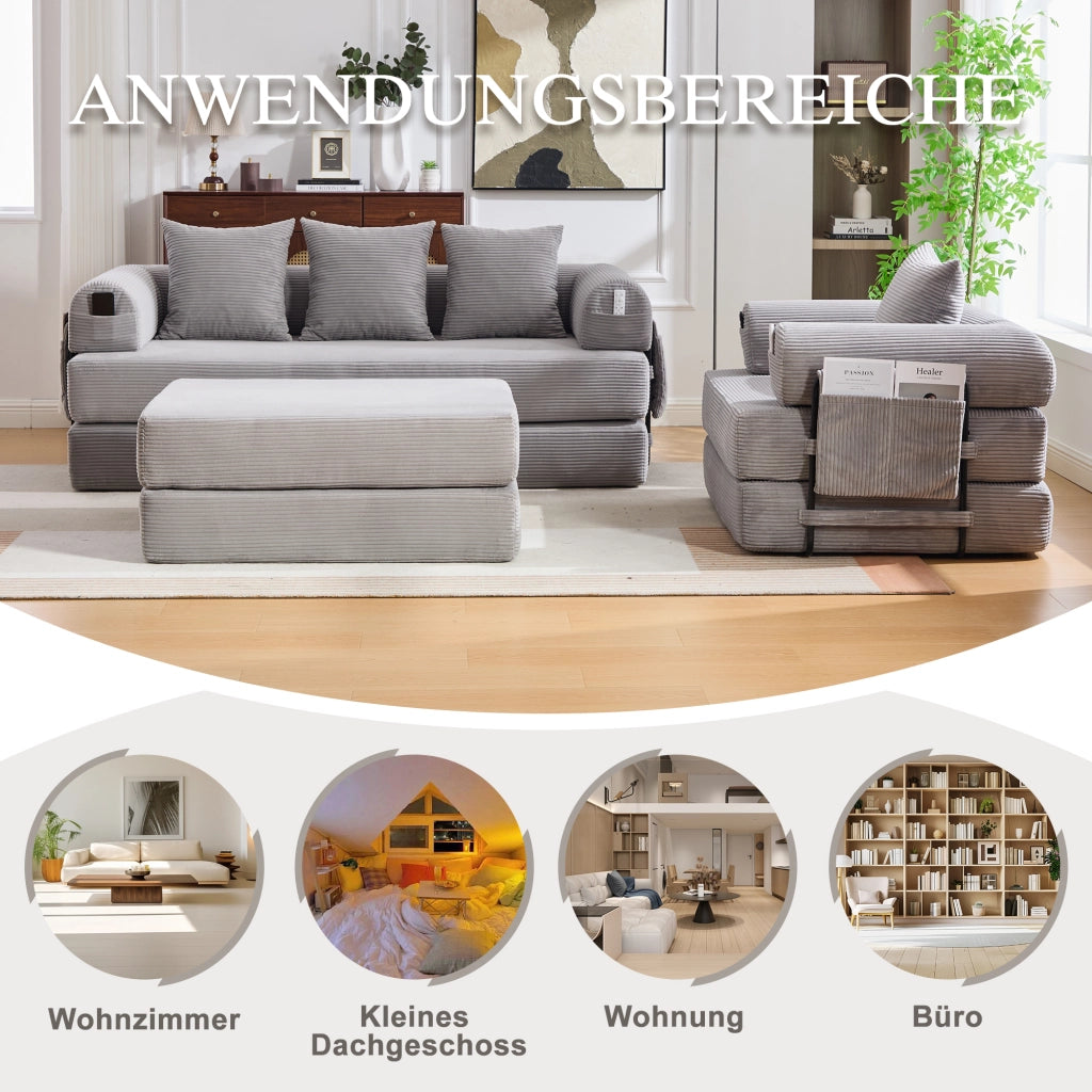 DIVANO modulare in corda grigio chiaro con pouf e cuscini