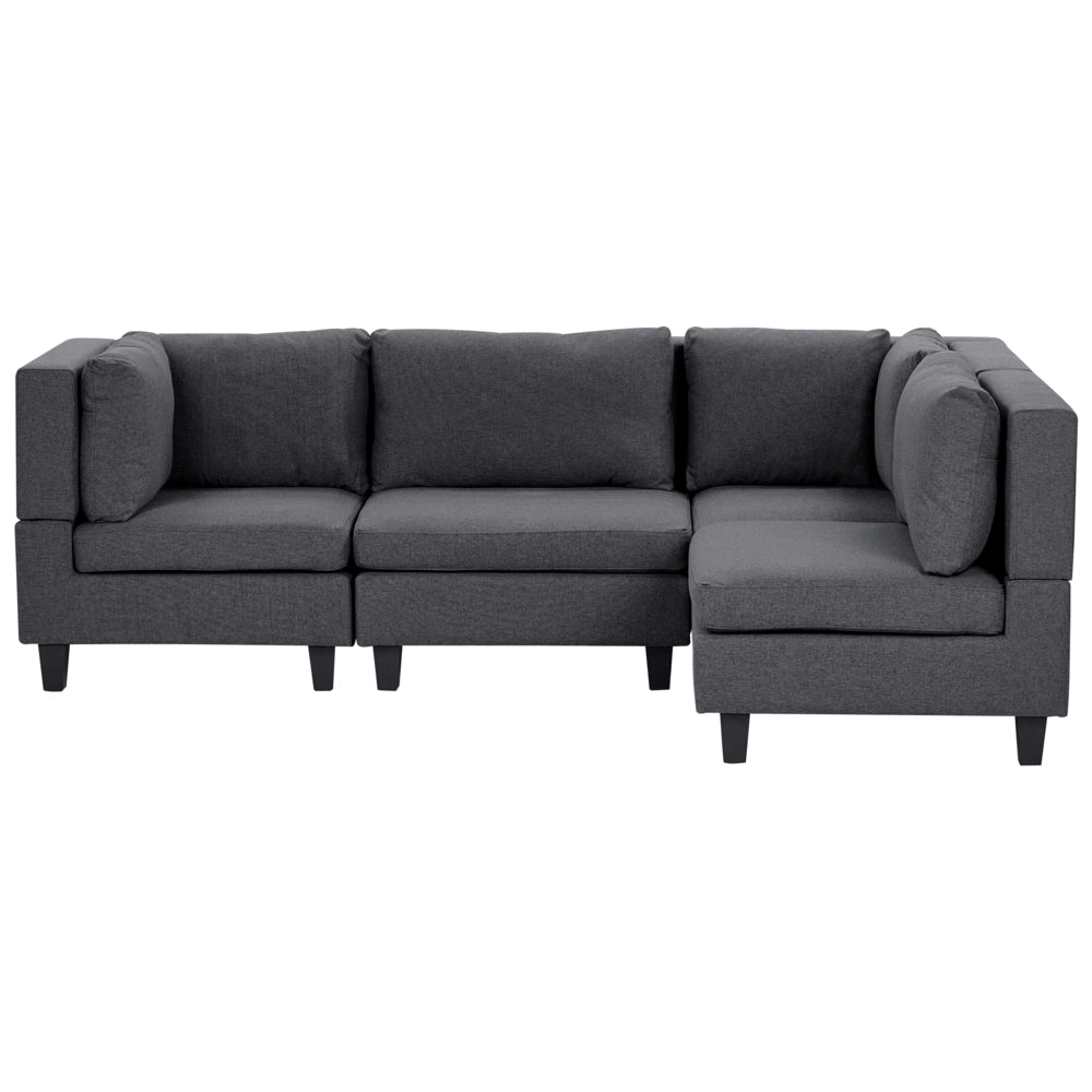 Divano componibile a 4 posti imbottito in tessuto grigio scuro gambe nere lato sinistro con ottomana stile moderno