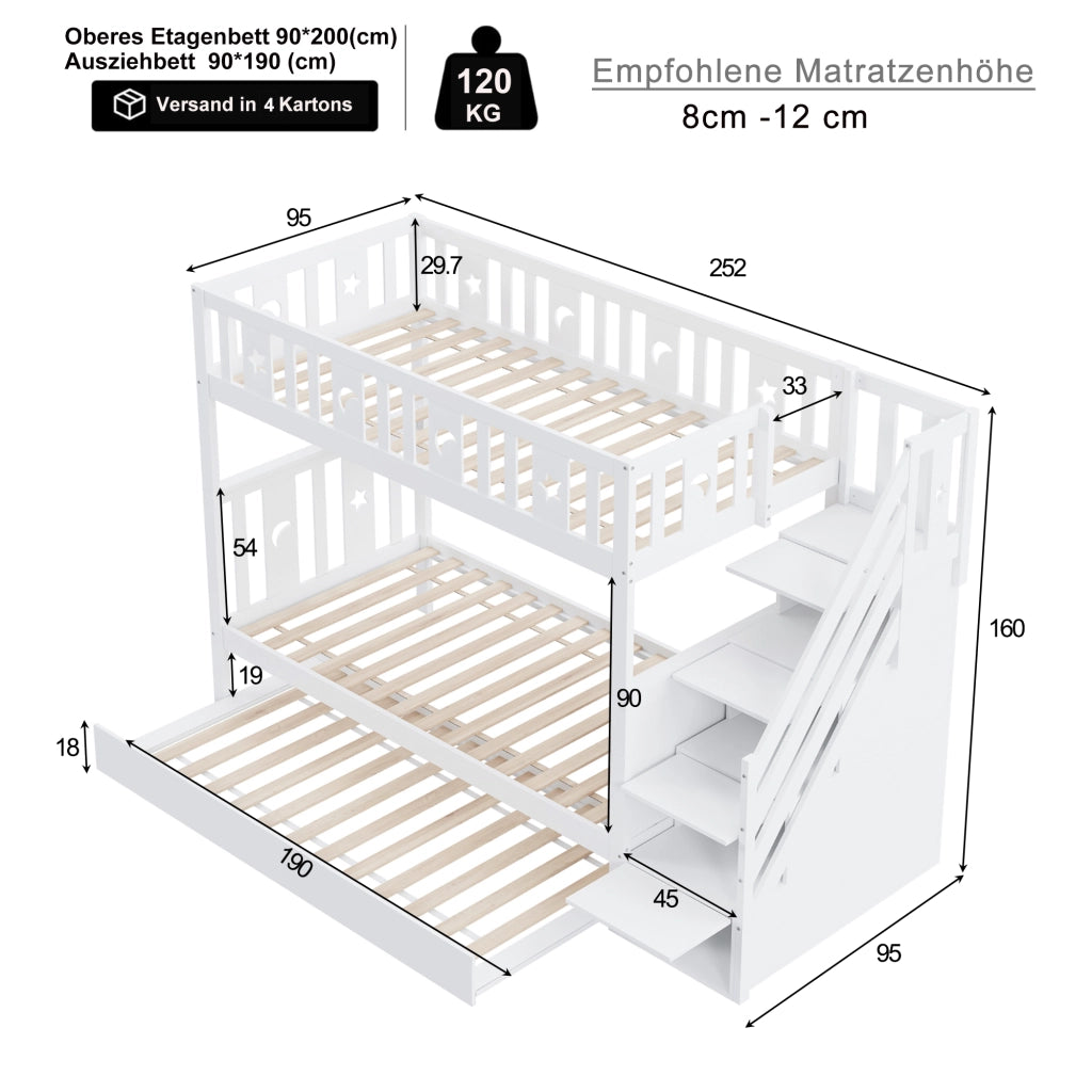 OKWISH Letto a Castello 90×200 cm e 90×190 cm, Letto 3 Posti con Letto estraibile, Scala con Contenitore e Sponde, senza Materasso