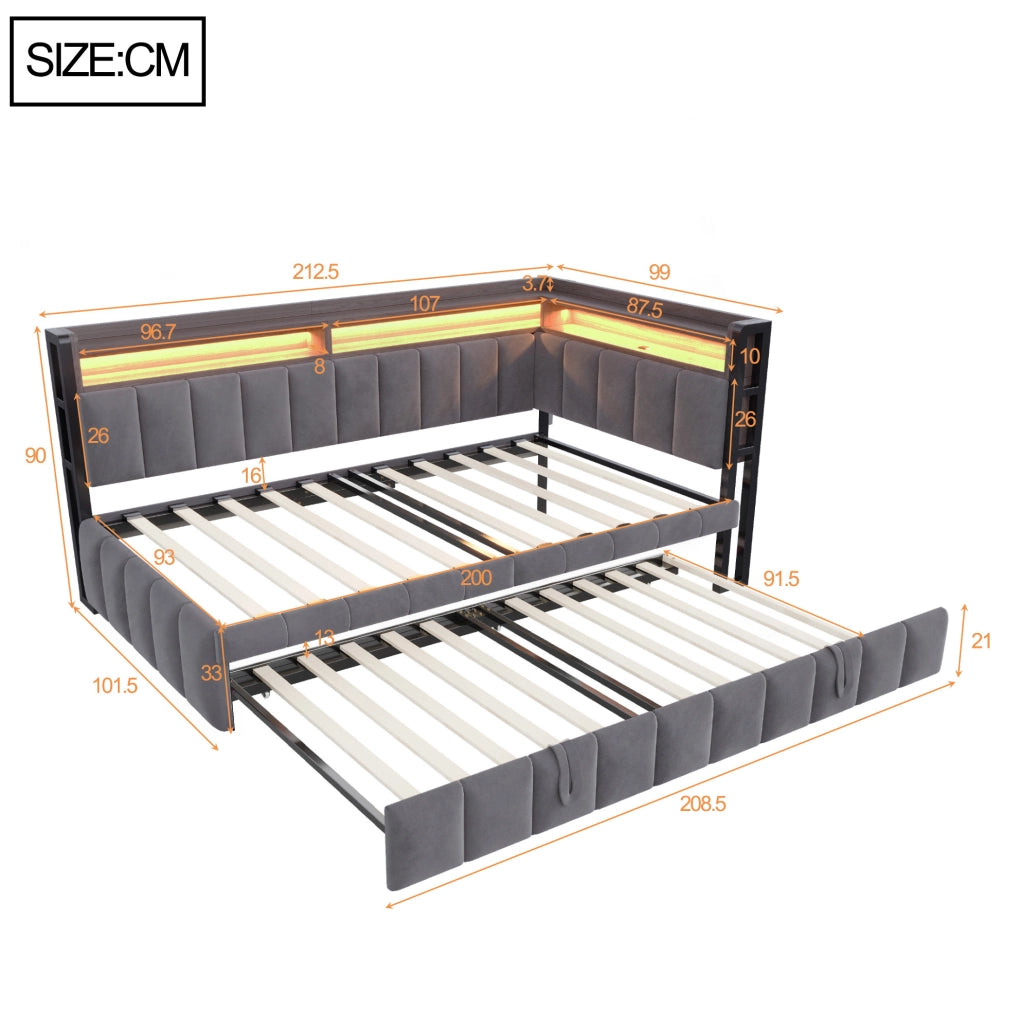 Letto estraibile 90x200 cm con secondo letto; LED regolabile; USB-C e vani; velluto grigio