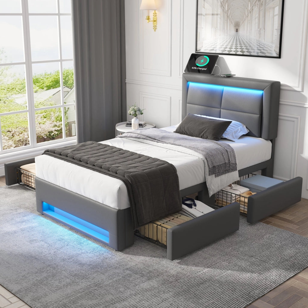 Letto imbottito 90x190 cm con USB, illuminazione LED e 4 cassetti, senza materasso, colore grigio