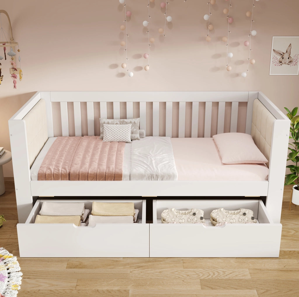 Tagesbett in legno con 2 cassetti e sponda laterale, bianco, 90 x 200 cm