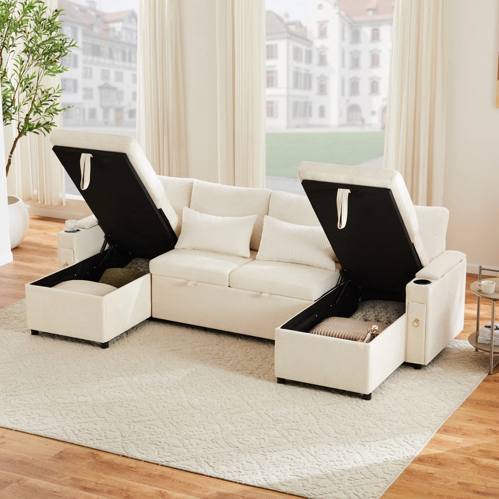 Divano angolare convertibile 4 posti con vano contenitore, portabicchieri e cuscini, in Chenille e Corduroy Beige