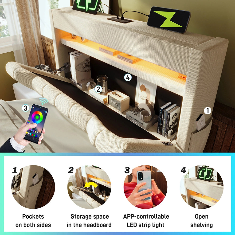 Letto singolo-Xylo-90x200 cm-LED, USB-C, testiera, idraulico, con materasso, beige