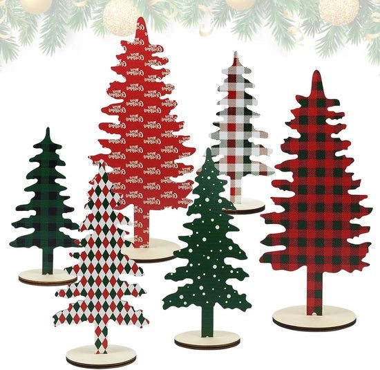 Decorazione per Natale a forma di Albero di Legno - Segno Decorativo per Tavolo da 6 Pezzi