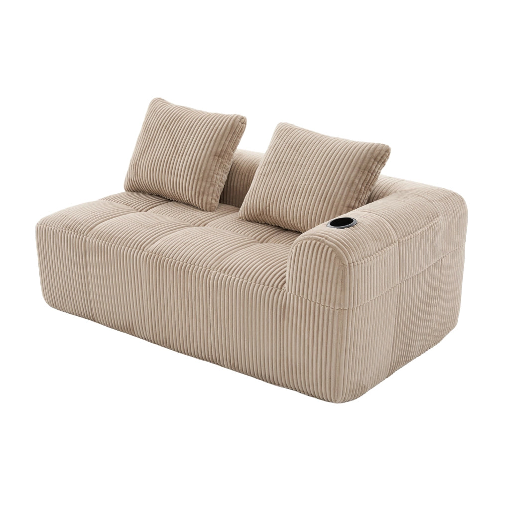 Divano a 2 posti 158x93x61 cm con tasche laterali e portabicchieri in tessuto a coste khaki
