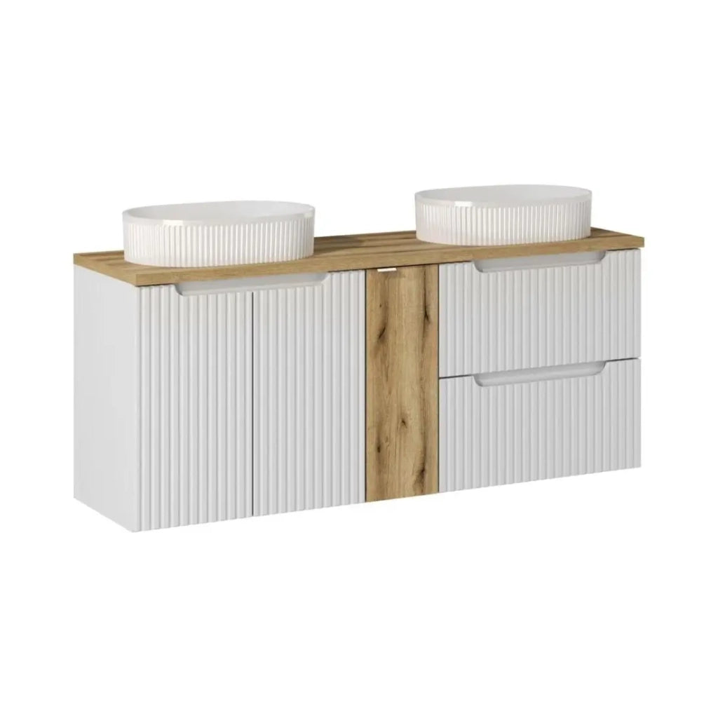 Set da bagno VANO bianco 140 cm: mobili sotto lavabo con cassetti e armadietti + due lavabi da appoggio scanalati