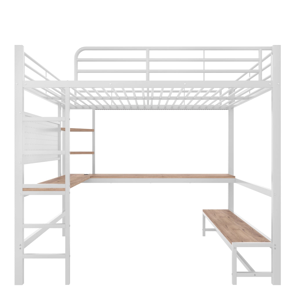 Letto a soppalco 140 x 200 cm con scrivania; scaffali; LED e prese USB e Type-C; in metallo e MDF; bianco