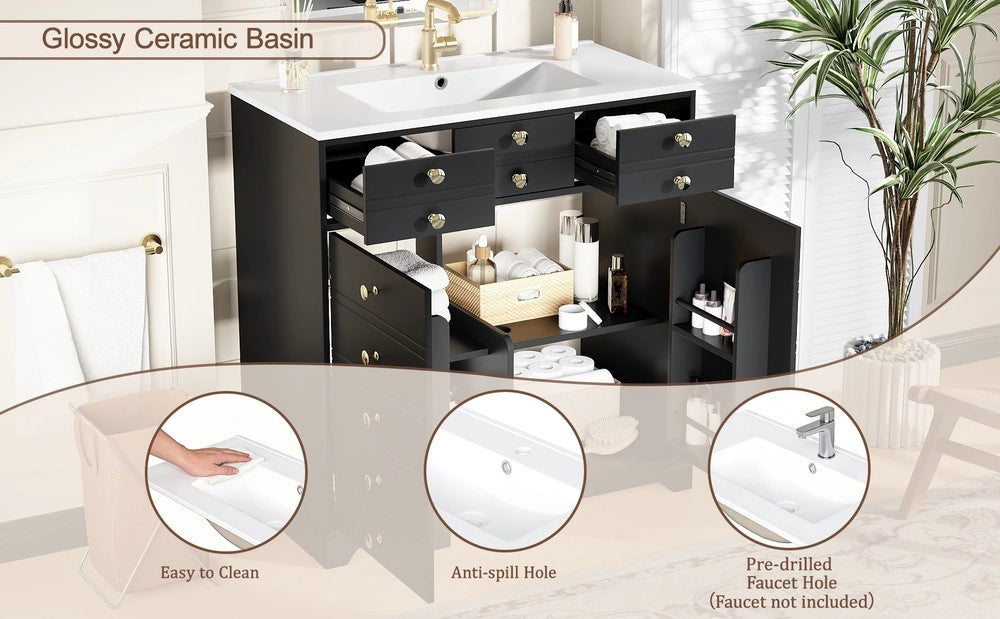 Mobile da Bagno con Lavabo in Ceramica, Cassetti e Ante ¨C Xylo ¨C Nero e Oro